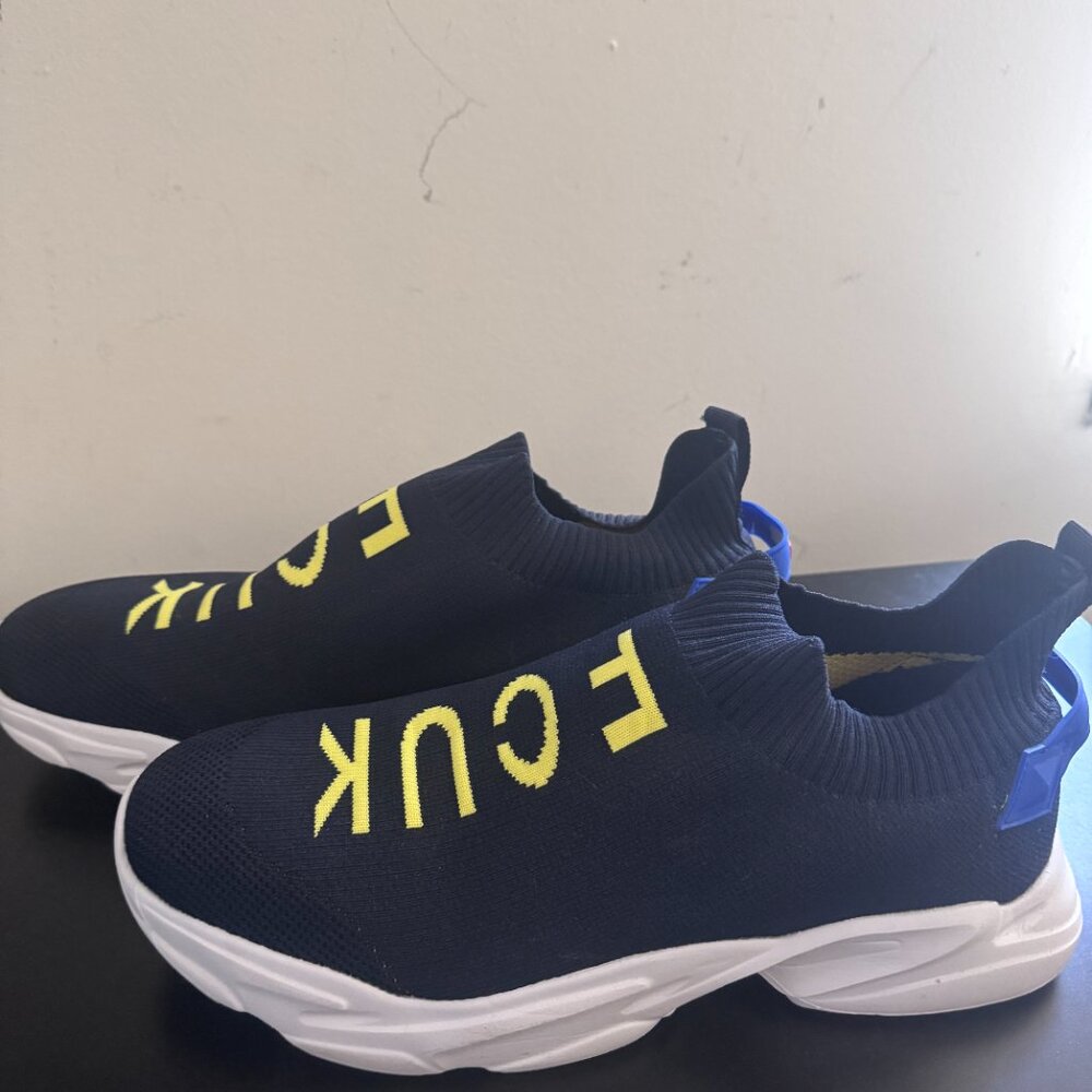French Connection Sock Sneakers in Navy Blue w/ Yellow "FCUK", Men's US 13 - Picture 3 of 6
